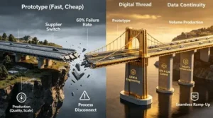 Infographic contrasting a broken bridge between prototyping and production (causing high failure rates) with a solid bridge built on digital threads, engineering, process control, and scalability, as offered by true end-to-end manufacturing partners.