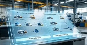 Diagram comparing response workflows for urgent orders: a fragmented network model vs. an integrated, streamlined model with internal buffers for reliable Precision Manufacturing Services.